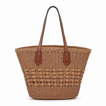 Woven Straw Tote Bag with Zip Closure Small Interior Pocket and Leather Handles