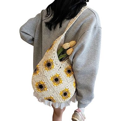 Women's Sunflower Crochet Shoulder Tote Bag Large Capacity Handbag
