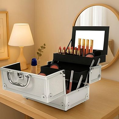 SM-2176 Aluminum Makeup Train Case Jewelry Box Cosmetic Organizer with Mirror