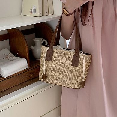 Women's Summer PU Straw Woven Drawstring Handbag with Inner Zipper Pocket