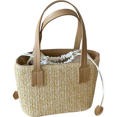 Women's Summer PU Straw Woven Drawstring Handbag with Inner Zipper Pocket