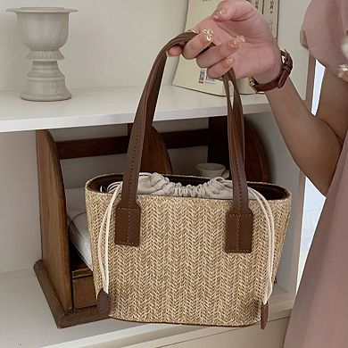 Women's Summer PU Straw Woven Drawstring Handbag with Inner Zipper Pocket