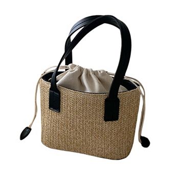 Women's Summer PU Straw Woven Drawstring Handbag with Inner Zipper Pocket