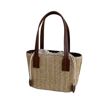 Women's Summer PU Straw Woven Drawstring Handbag with Inner Zipper Pocket