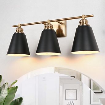 23 in 3-Light Mid-Century Modern Bathroom Vanity Light in Black and Antique Brass, Damp Rated