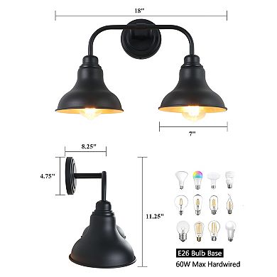 18 in. 2-Light Modern Farmhouse Bathroom Vanity Light in Matte Black with Champagne Gold Interior
