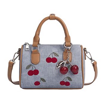 Women's Denim Cherry Boston Handbag with Top Handles