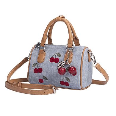 Women's Denim Cherry Boston Handbag with Top Handles