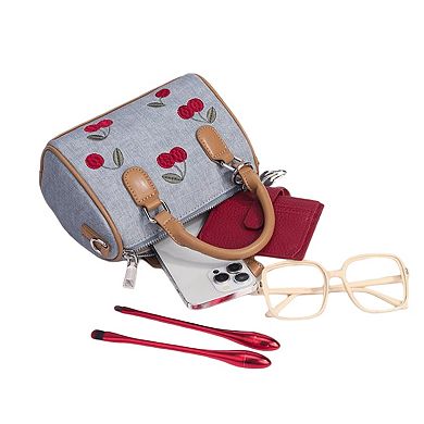 Women's Denim Cherry Boston Handbag with Top Handles