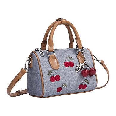 Women's Denim Cherry Boston Handbag with Top Handles