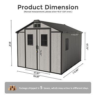 Ovios Gray Storage Shed w/ Skylight & Windows, Weather Resistant Frame, Resin Walls, DIY Assembly