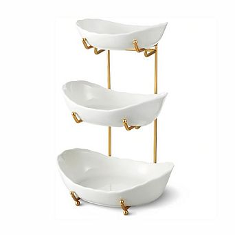 3 tier Ceramic Fruit Bowl Stand with Gold Metal Rack Small