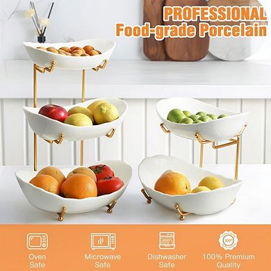 3 Tier Ceramic Fruit Bowl Stand with Gold Metal Rack Small