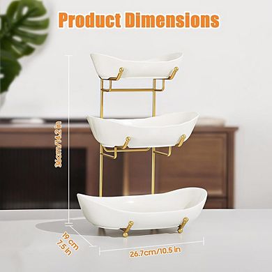 3 Tier Ceramic Fruit Bowl Stand with Gold Metal Rack Small