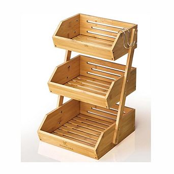 3 tier Bamboo Fruit Basket Stand with Hanging Hooks