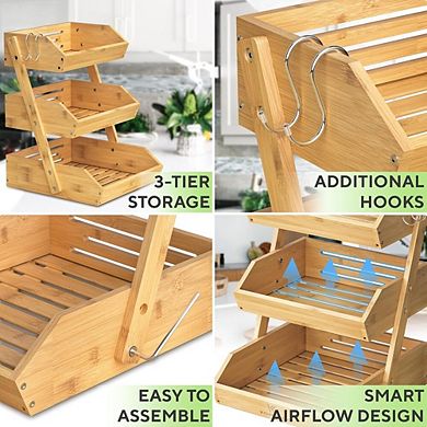 3 Tier Bamboo Fruit Basket Stand with Hanging Hooks