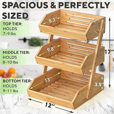 3 Tier Bamboo Fruit Basket Stand with Hanging Hooks