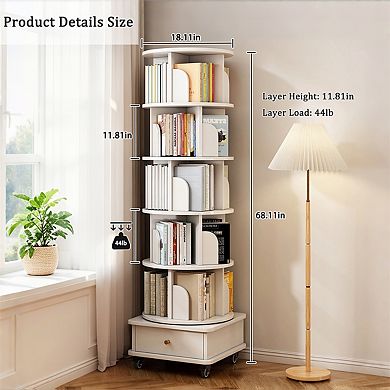 6 Tier Rotating Bookshelf-360° Display Round Spinning Bookshelf with Wheels and Drawer,Storage Tower