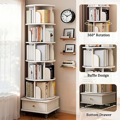 6 Tier Rotating Bookshelf-360° Display Round Spinning Bookshelf with Wheels and Drawer,Storage Tower