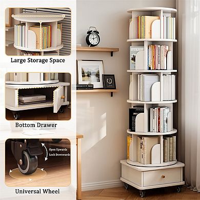 6 Tier Rotating Bookshelf-360° Display Round Spinning Bookshelf with Wheels and Drawer,Storage Tower