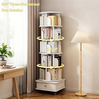 6 Tier Rotating Bookshelf-360° Display Round Spinning Bookshelf with Wheels and Drawer,Storage Tower