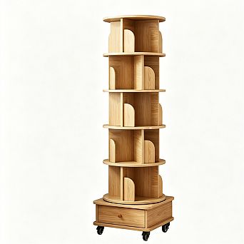 6 tier Rotating Bookshelf-360° Display Round Spinning Bookshelf with Wheels and Drawer,Storage Tower