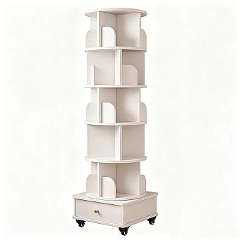6 tier Rotating Bookshelf-360° Display Round Spinning Bookshelf with Wheels and Drawer,Storage Tower