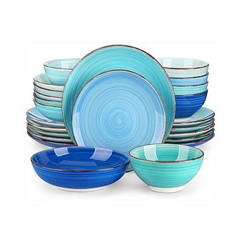 24 pc Stoneware Dinnerware Set for 6 Blue Spiral
