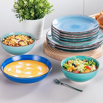 24 Piece Stoneware Dinnerware Set for 6 Blue Spiral