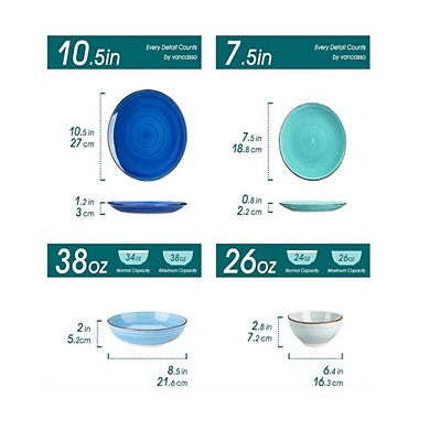 24 Piece Stoneware Dinnerware Set for 6 Blue Spiral