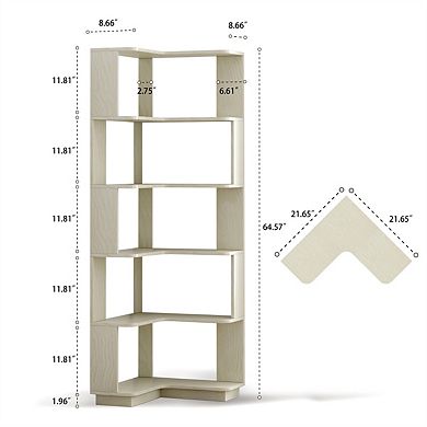 6 Tier L-Shaped Corner Bookshelf - Anti-Drop Anti-Tip Wooden Bookcase, Open Storage Organizer