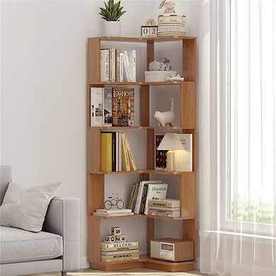 6 Tier L-Shaped Corner Bookshelf - Anti-Drop Anti-Tip Wooden Bookcase, Open Storage Organizer