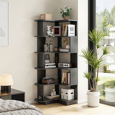 5-Tier Corner Bookshelf - L-Shaped Bookcase Freestanding Storage Shelf and Display Stand for Bedroom