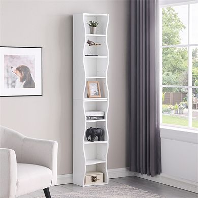 8-Layer Adjustable Shelf Ultra-Thin Bookshelf - Wavy Border Design, High & Narrow Display Bookcase