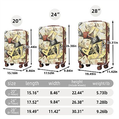 20"/24"/28" 3 Pcs/Set PC Printed Luggage - 360° Spinner Wheels Carry On Suitcase, , Combination Lock