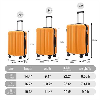 20"/24"/28" 3 Pcs/Set ABS Spinner Wheel Luggage, 360° Wheels Carry On Suitcase,TSA Combination Lock