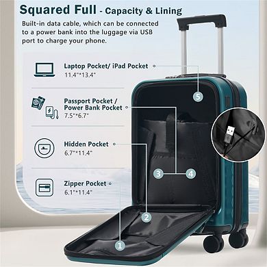 Front Opening Luggage 3 Set, Expandable Hardside Carry On Suitcase with USB Port, Spinner Wheels