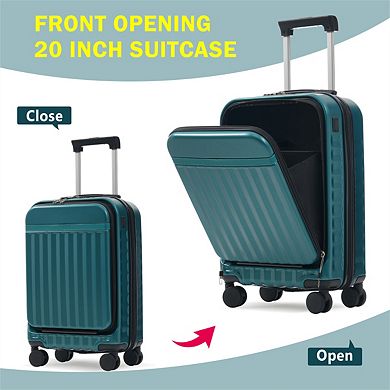 Front Opening Luggage 3 Set, Expandable Hardside Carry On Suitcase with USB Port, Spinner Wheels