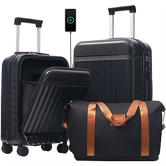 Front Opening Luggage 3 Set, Expandable Hardside Carry On Suitcase with USB Port, Spinner Wheels
