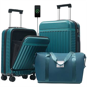 Front Opening Luggage 3 Set, Expandable Hardside Carry On Suitcase with USB Port, Spinner Wheels