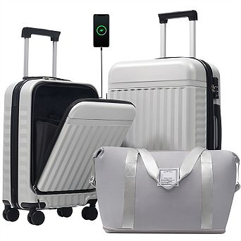 Front Opening Luggage 3 Set, Expandable Hardside Carry On Suitcase with USB Port, Spinner Wheels