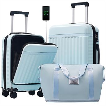 Front Opening Luggage 3 Set, Expandable Hardside Carry On Suitcase with USB Port, Spinner Wheels