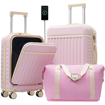 Front Opening Luggage 3 Set, Expandable Hardside Carry On Suitcase with USB Port, Spinner Wheels