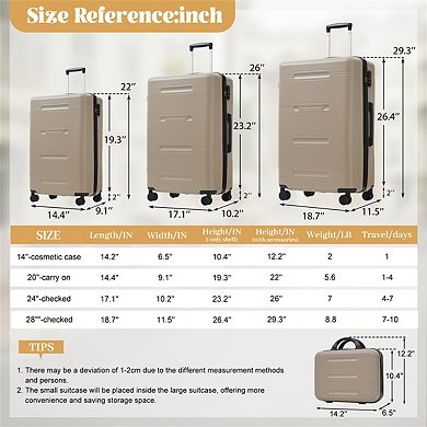 6 Piece Luggage Set - Lightweight Hardshell with Spinner, Lock, 14" Cosmetic Case, 20/24/28 "Luggage