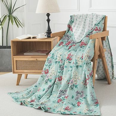 Reversible Cotton Muslin Blanket, Soft 3-Layer Lightweight Throw for Bed Sofa, Breathable Blanket