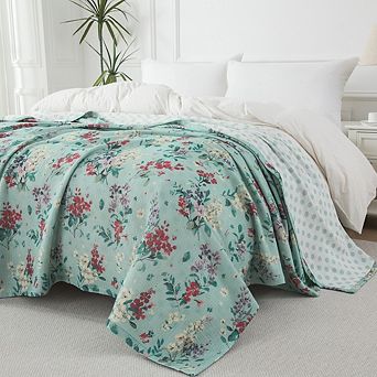 Reversible Cotton Muslin Blanket, Soft 3-Layer Lightweight Throw for Bed Sofa, Breathable Blanket
