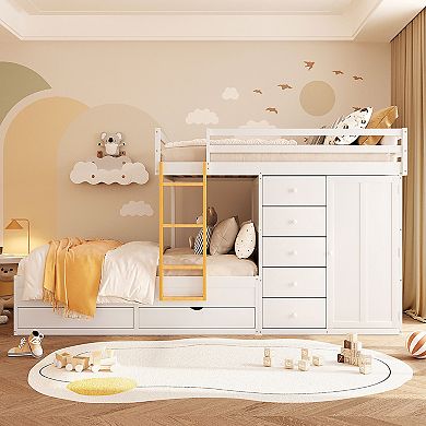 Loheer Full Size Bunk Bed with Wardrobe and Seven Storage Drawers