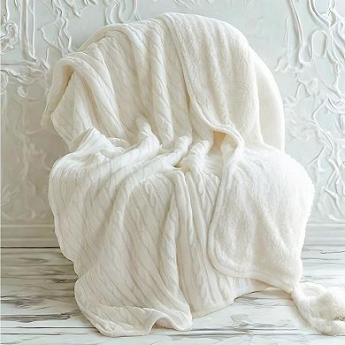 Sherpa Throw Blanket, Reversible Cable Knit & Plush Fleece Blanket, Soft Warm Throw