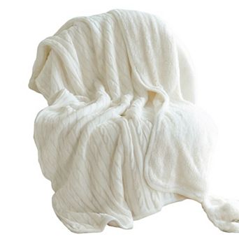 Sherpa Throw Blanket, Reversible Cable Knit & Plush Fleece Blanket, Soft Warm Throw