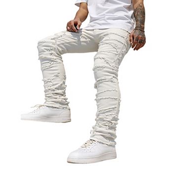 Men's Stacked Distressed Skinny Jeans, Stretch Slim Fit Ripped Denim Pants for Streetwear